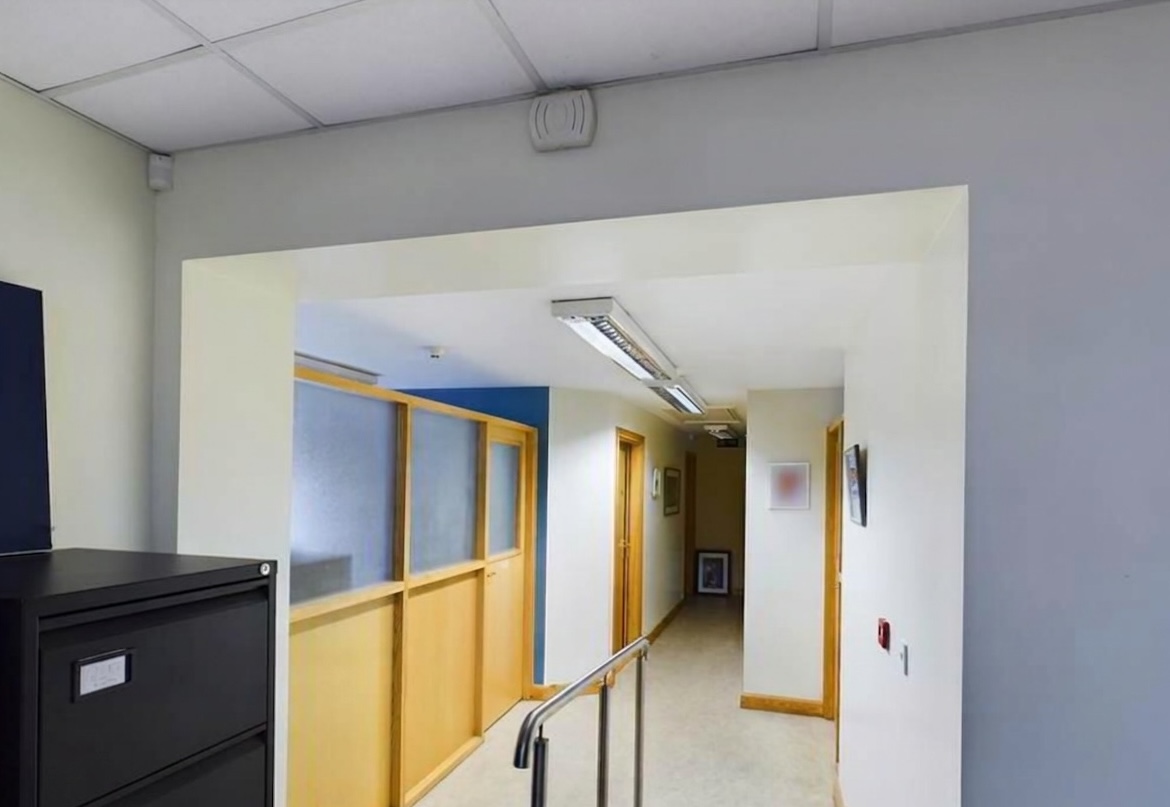 Modern office hallway with natural light